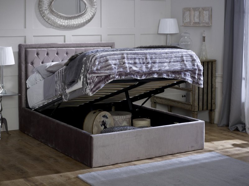 Arobe Ottoman storage bedstead in silver velvet finish fabric