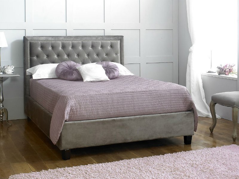 Arobe bedstead in silver velvet finish fabric